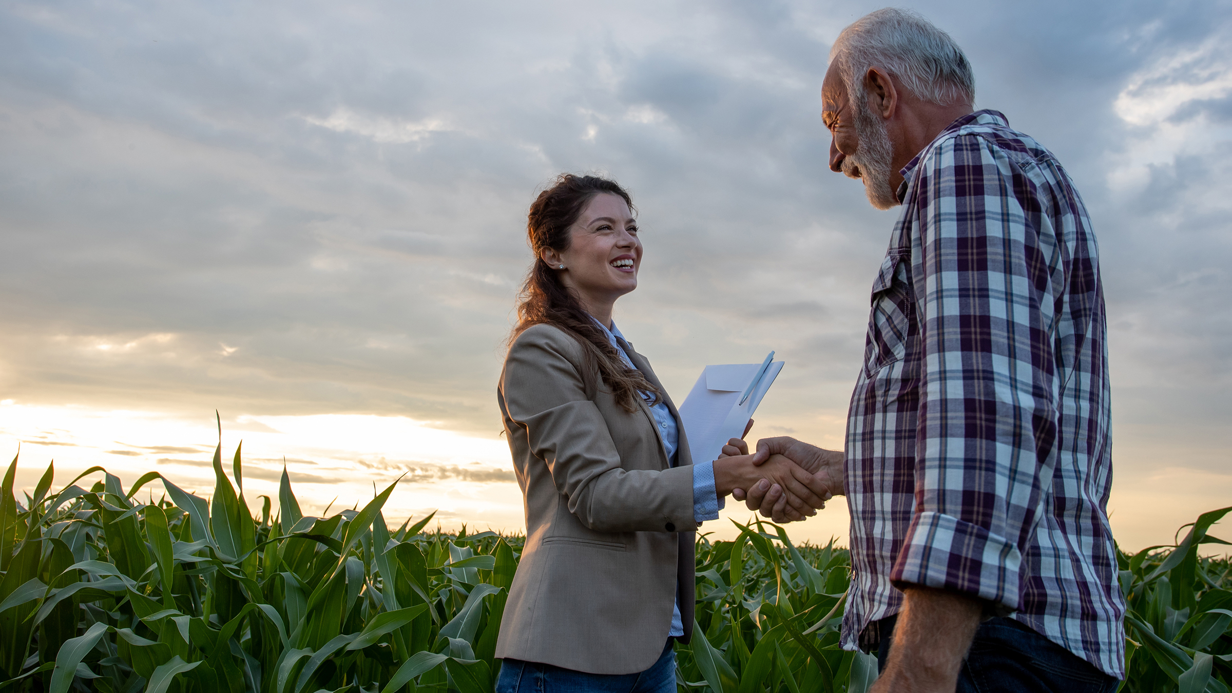 Business woman shaking hands with farmer during meeting