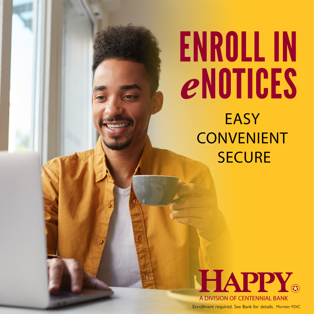 eNotices graphic with man drinking coffee while searching on laptop