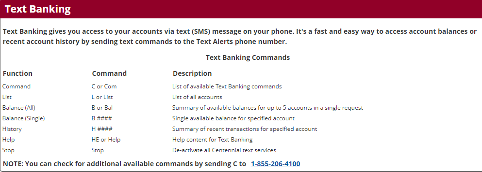 Text Banking Commands