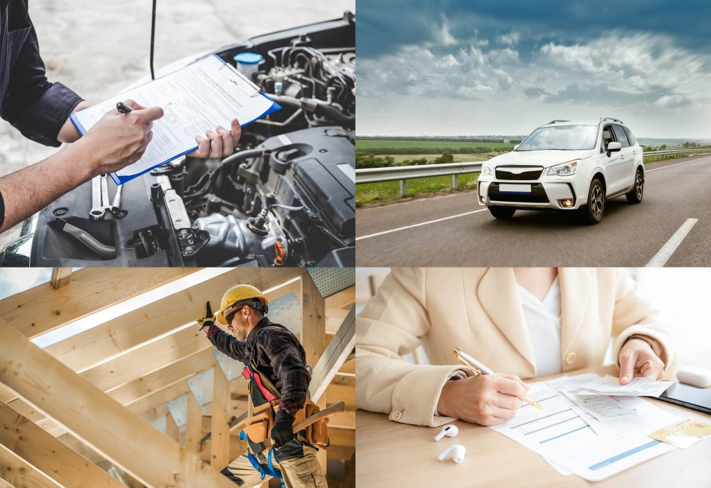 Photo of a vehicle inspector, car, person working on a house and viewing credit card bill information