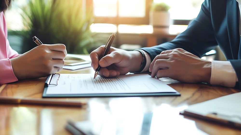 Two people holding a pen discussing a contract