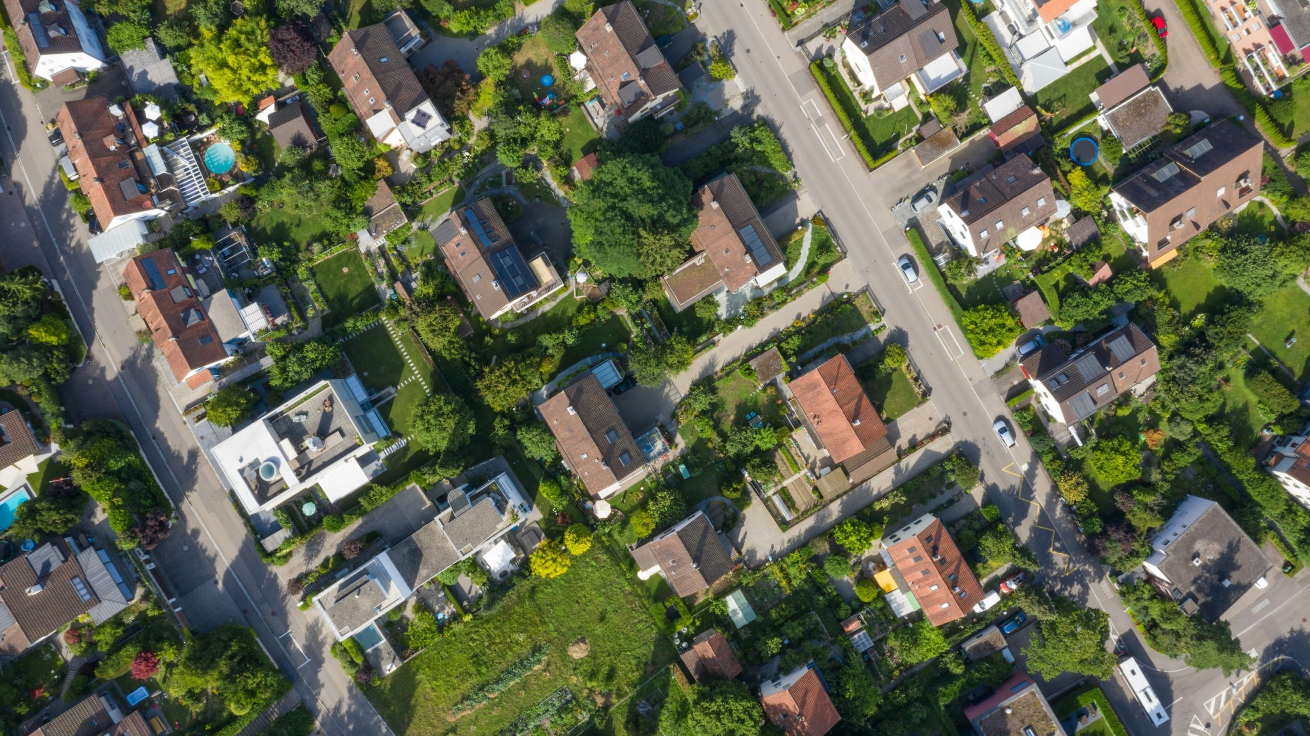sky view looking down at a neighborhood