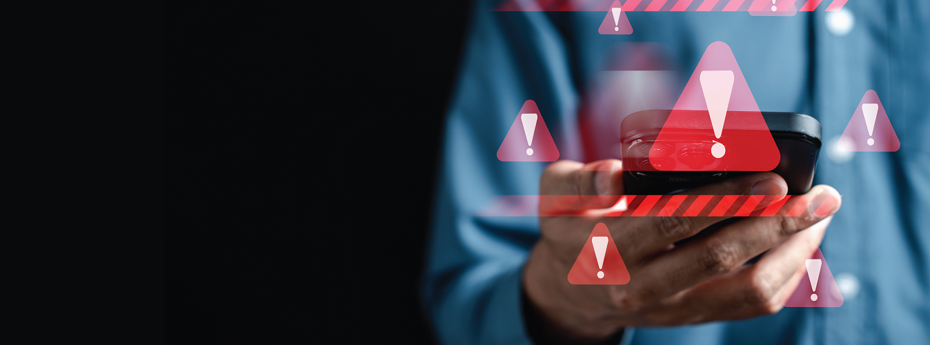 System warning caution sign on smartphone, scam virus attack on firewall for notification error and maintenance. Network security vulnerability, data breach, illegal connection and information danger.